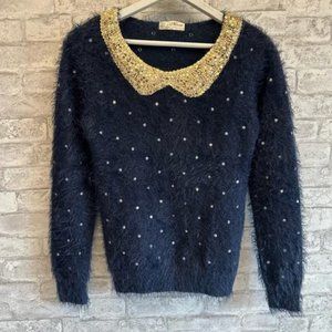 Fuzzy Navy Blue Sweater w/ Polka Dots and Sequined Collar Detail